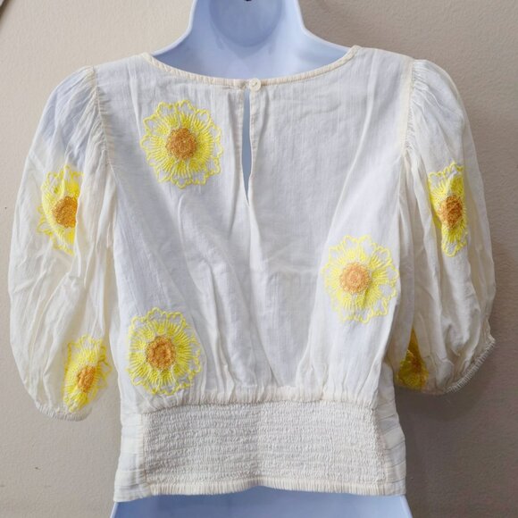 Free People My Girl Sunflower White Cotton Blouse Puff Sleeves & Back Button S - Picture 4 of 14